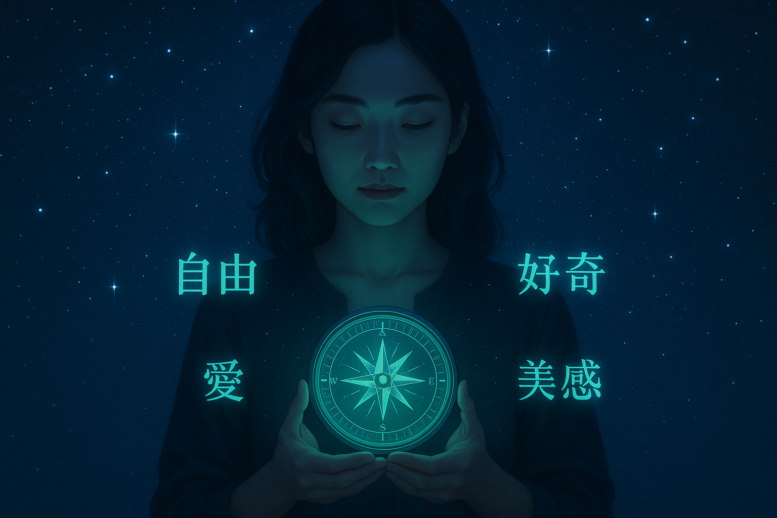 女生握有羅盤的示意圖